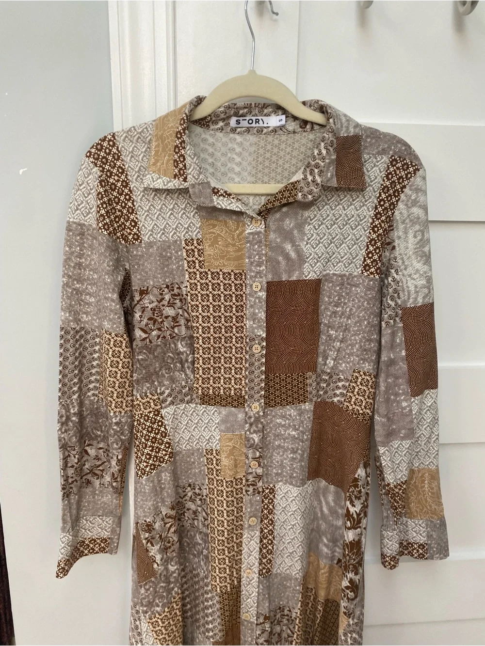 Story cotton Patchwork Print Button-Front Midi Dress in Brown Cream size small